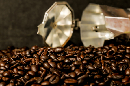 Hot coffee roasted with moka pot.roasted coffee beans.の写真素材