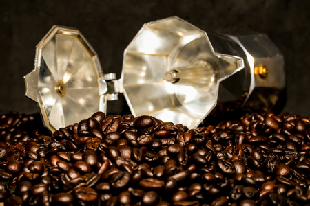 Hot coffee roasted with moka pot.roasted coffee beans.の写真素材