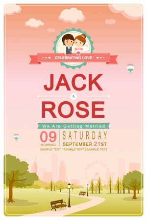 Cute park pink sky wedding invitation card template vector illustrationのイラスト素材
