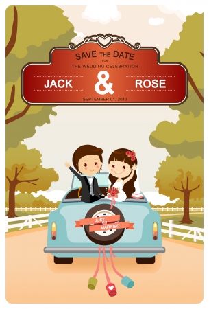 Just Married   A vector illustration of a newlyweds In Wedding Carのイラスト素材