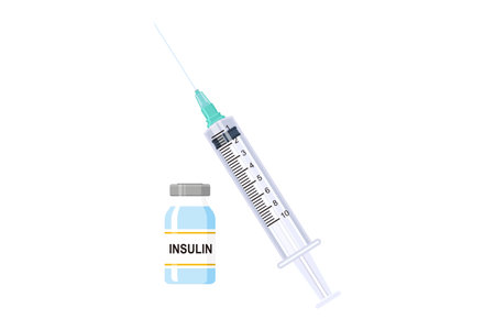 Bottle and syringe with blue insulin injection isolated vector illustration.のイラスト素材