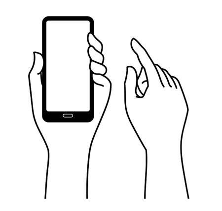 Left hand carrying mobile phone and right hand moving to touch the screen. for artwork and graphic design.のイラスト素材