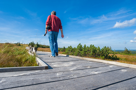 Man with dog at the Hornisgrinde educational trail, Seebach, Black Forest, Baden-Wurttemberg, Germany, Europeの写真素材