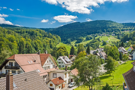 View at the part of town of Gaistal in Bad Herrenalb, Black Forest, Baden-Wurttemberg, Germany, Europeの写真素材