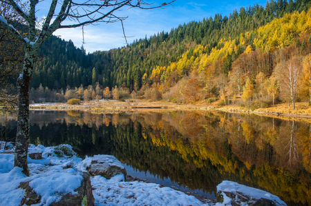 The lake Sankenbachsee in autumn near Baiersbronn, Black Forest, Baden-Wurttemberg, Germany, Europeの写真素材