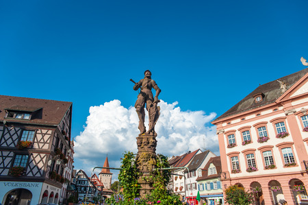 Gengenbach, GERMANY - September 6, 2014: The Stony Knight on the Rhr Fountain and the Town Hall of Gengenbach, Black Forest, Baden-Wuerttemberg, Germany, Europeのeditorial素材
