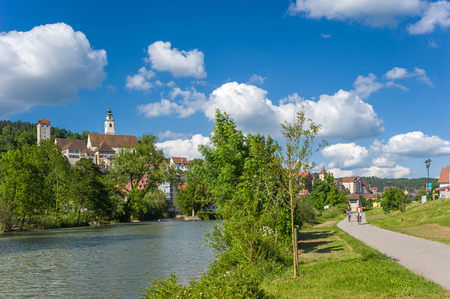 View on the river Neckar to the historical the Old Town of Horb on the Neckar with the Collegiate Church and the villainous tower. Black Forest, Germany, Europeのeditorial素材