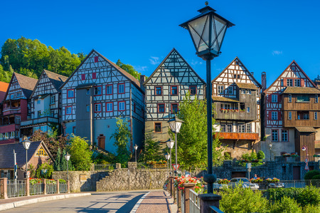 Historic townscape with old half-timbered houses on the river Kinzig Schiltach, Black Forest, Baden-Wurttemberg, Germany, Europeのeditorial素材