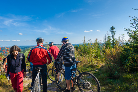 Mountain bikers on the Hornisgrinde, Seebach, Black Forest, Baden-Wuerttemberg, Germany, Europeのeditorial素材