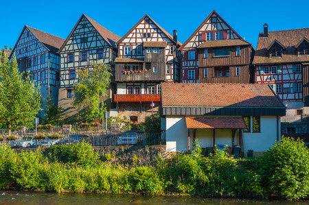 Historic townscape with old half-timbered houses on the river Kinzig Schiltach, Black Forest, Baden-Wurttemberg, Germany, Europeのeditorial素材