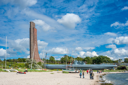 The submarine U995 and the naval memorial for the fallen marines in the first and second world war in Laboe at the Baltic Seaのeditorial素材