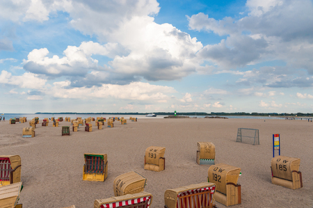 Beach with roofed wicker beach chairs in Travemuende at the Baltic Seaのeditorial素材