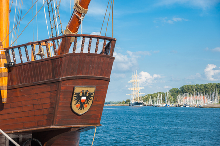 Heck of a historic sailing ship in the harbor of Travemunde at the Baltic Seaのeditorial素材