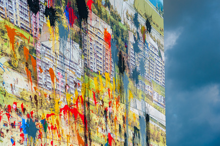 Information board about the new construction of a holiday complex on the south beach, as a protest to pelted with paint bombsのeditorial素材