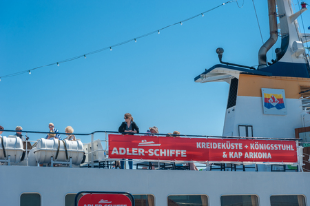 Tourists on the deck of a excursion boat in Sassnitz on the island of R?gen at the Baltic Seaのeditorial素材