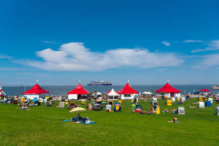 Grassy beach Grimmershoerner-Bay in Cuxhaven in Lower Saxony in Germanyのeditorial素材