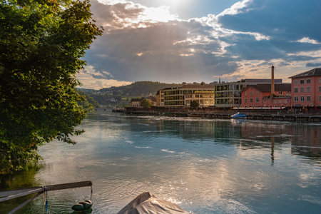 Cityscape with a view over the Rhine and with the box bath Rhybadi. Schaffhausen in Switzerland