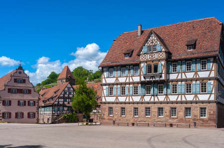 Maulbronn, Germany - April 30, 2018: Historic half-timbered houses in the courtyard of Maulbronn Abbey. Maulbronn Monastery is located in Maulbronn and is a Unesco World Heritage Siteのeditorial素材