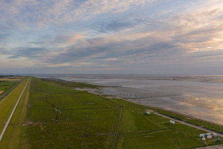 Drone view, landscape with the National Park Wadden Sea. Dorum-Neufeld in Lower Saxony in Germany