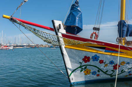 Lagos, Portugal - March 28, 2018: Bow of the traditional sailing ship Falcao Veloz in Lagos in the...