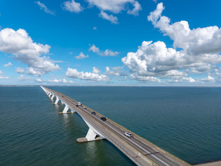 Aerial view of the Zeeland Bridge in the estuary Oosterschelde near Coljinsplaat. Province of Zeeland in the Netherlandsの写真素材