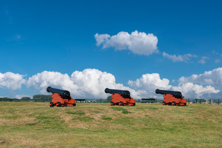 Cannons of the historic town fortification Campveerse Toren in Veere. Veere is a city in the province of Zeeland in the Netherlandsの写真素材