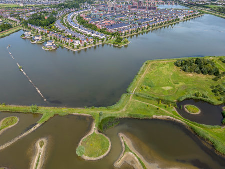 Aerial view with Van Luna Park and Stad van de Zon, City of the Sun in Heerhugowaard. Province of North Holland in the Netherlandsの写真素材