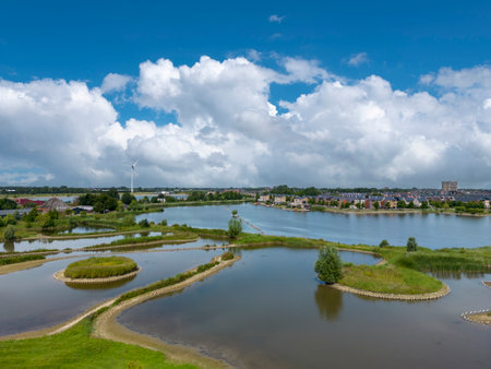 Aerial view with Van Luna Park and Stad van de Zon, City of the Sun in Heerhugowaard. Province of North Holland in the Netherlandsの写真素材