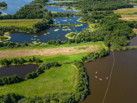 Aerial view with landscape of the nature reserve Loosdrechtse Plassen near Loosdrecht. Province of North Holland in the Netherlandsの写真素材