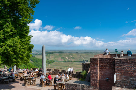 Klingenmuenster, Germany - April 22, 2021: Beer garden in the castle yard of Landeck Castle near Klingenmuenster. Region Palatinate in the federal state of Rhineland-Palatinate in Germanyのeditorial素材