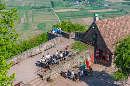 Eschbach, Germany - April 22, 2022 Beer garden in the inner courtyard of the ruins of Madenburg near Eschbach. Region Palatinate in the federal state of Rhineland-Palatinate in Germanyのeditorial素材
