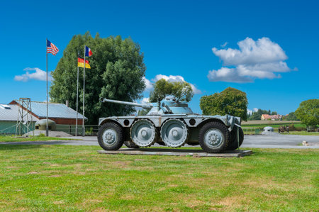 Hatten, France - August 20, 2021: Exhibition of EBR Panhard reconnaissance tank in Musee de l Abri in Hatten. Bas-Rhin department in the Alsace region of Franceのeditorial素材