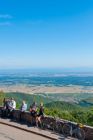 Orschwiller, France - September 16, 2021: Tourists at viewpoint in front of ChÃ¢teau du Haut Koenigsbourg near Orschwiller. In background Upper Rhine Plain and hilly landscape of Black Forest. Bas-Rhin department in Alsace region of Franceのeditorial素材