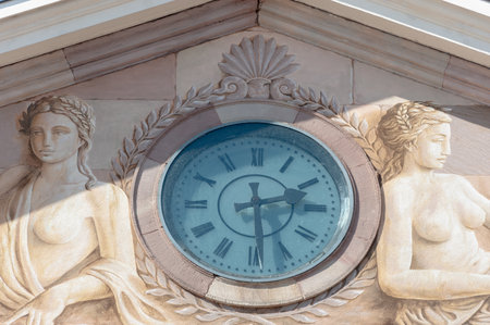 Gable triangle of classicist town hall in Molsheim. Bas-Rhin department in Alsace region of Franceのeditorial素材