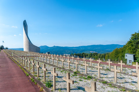 Natzwiller, France - September 14, 2021: Former Natzweiler-Struthof concentration camp with Lighthouse of Remembrance memorial. Bas-Rhin department in Alsace region of Franceのeditorial素材