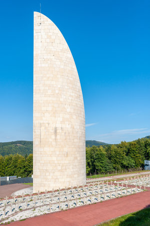 Natzwiller, France - September 14, 2021: Lighthouse of Remembrance, memorial in former Natzweiler-Struthof concentration camp. Bas-Rhin department in Alsace region of Franceのeditorial素材
