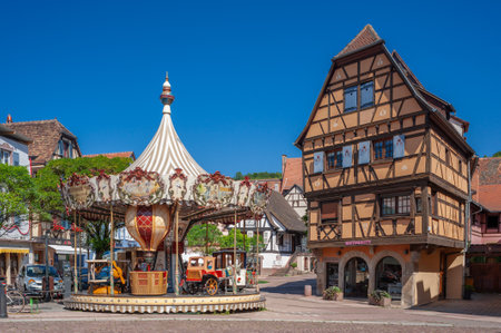 Obernai, France - August 11, 2022: Half-timbered ensemble at Place de l Etoile in Obernai. Bas-Rhin department in Alsace region of Franceのeditorial素材