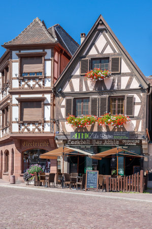 Obernai, France - August 11, 2022: Half-timbered ensemble at Place de l Etoile in Obernai. Bas-Rhin department in Alsace region of Franceのeditorial素材