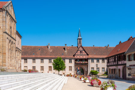 Half-timbered ensemble with historic Tour de l'Ecole in Rosheim. Bas-Rhin department in Alsace region of Franceの写真素材