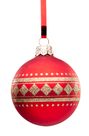Christmas baubles with ribbon isolated on whiteの写真素材