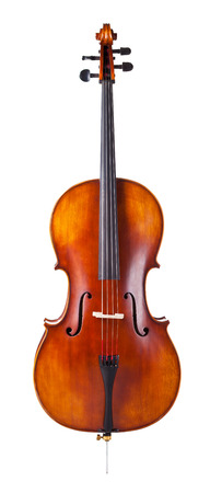 beautiful wooden cello isolated on white backgroundの写真素材