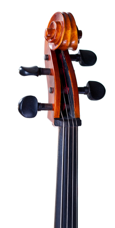 Close-up of a classic cello scroll isolated on white backgroundの写真素材
