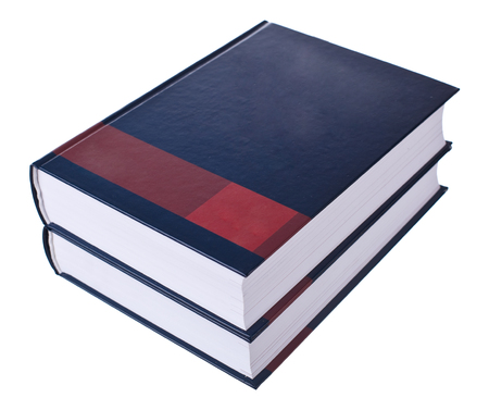 Opened book on stack isolated on white backgroundの写真素材