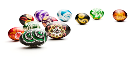 hand painted easter eggs on white backgroundの写真素材