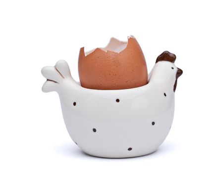 Very decorative clay chicken isolated on whiteの写真素材