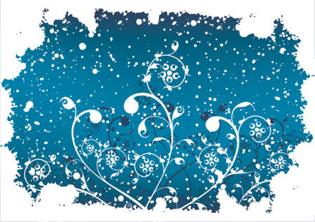 Abstract grunge winter background with flakes, flowers in blue colorのイラスト素材