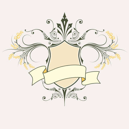 Vector retro style shield and banner with flowersの写真素材