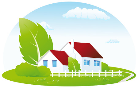 Vector Icon with home tree bush flowers and cloudsのイラスト素材