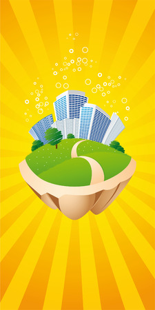 Abstract flying city with yellow sun raysのイラスト素材