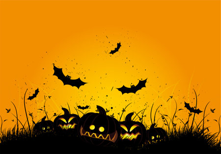 Halloween black and orange background with grass and batのイラスト素材